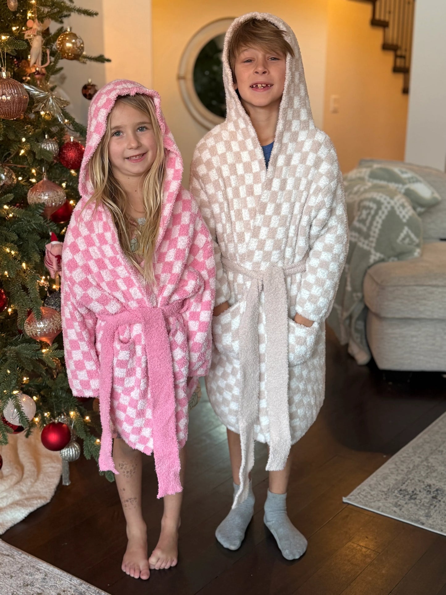 Childrens Check Print Hooded Robe - restocking in May