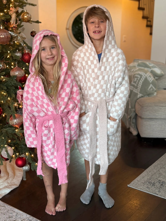 Childrens Check Print Hooded Robe - restocking in May
