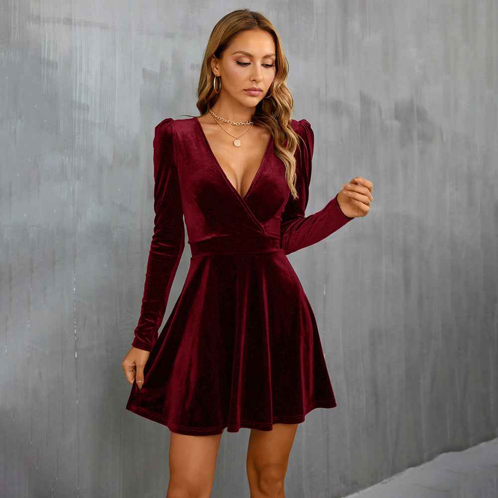V-Neck High-Waist A-Line Velvet Dress