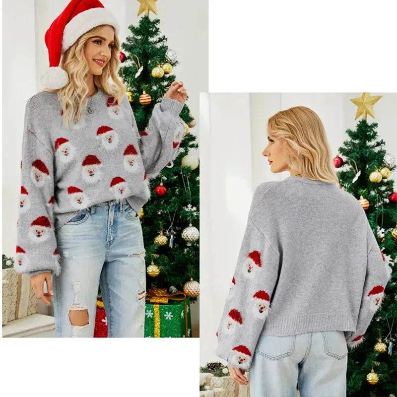 Christmas Sweater Women Cute Santa Print Knit Sweater