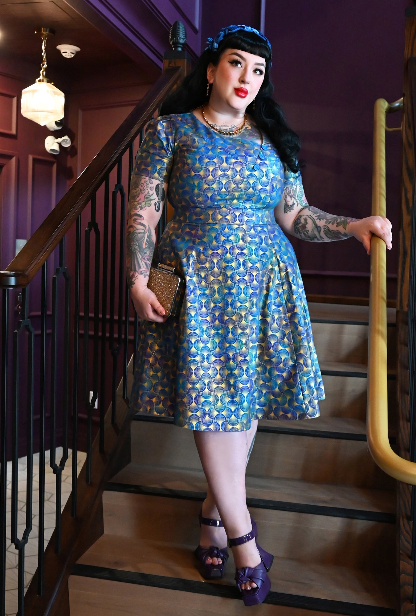 Kim  - Deco D'or Bleu - Metallic Fan Print Dress