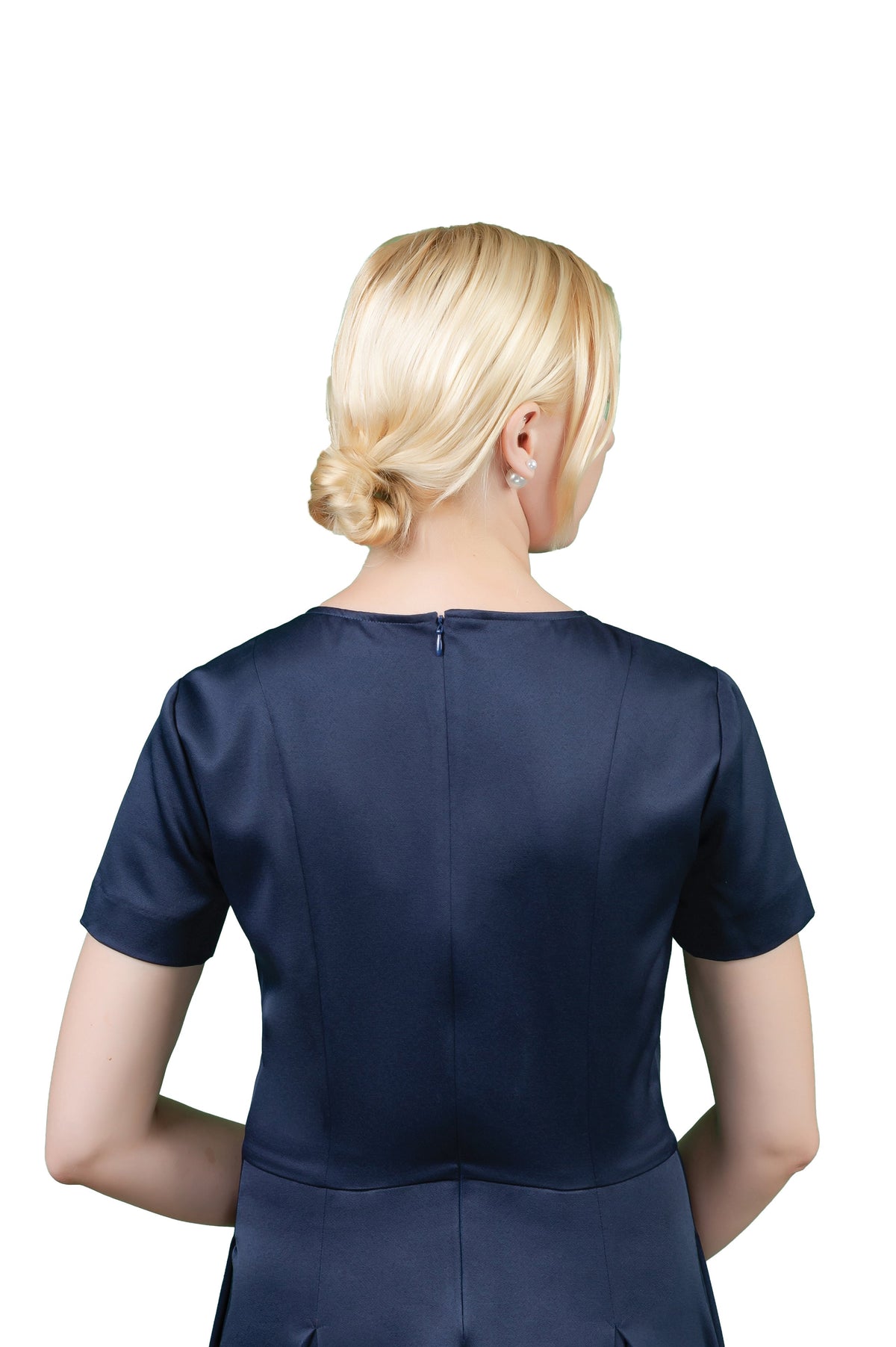 Elara Navy Pleated Fit-and-Flare Office Dress