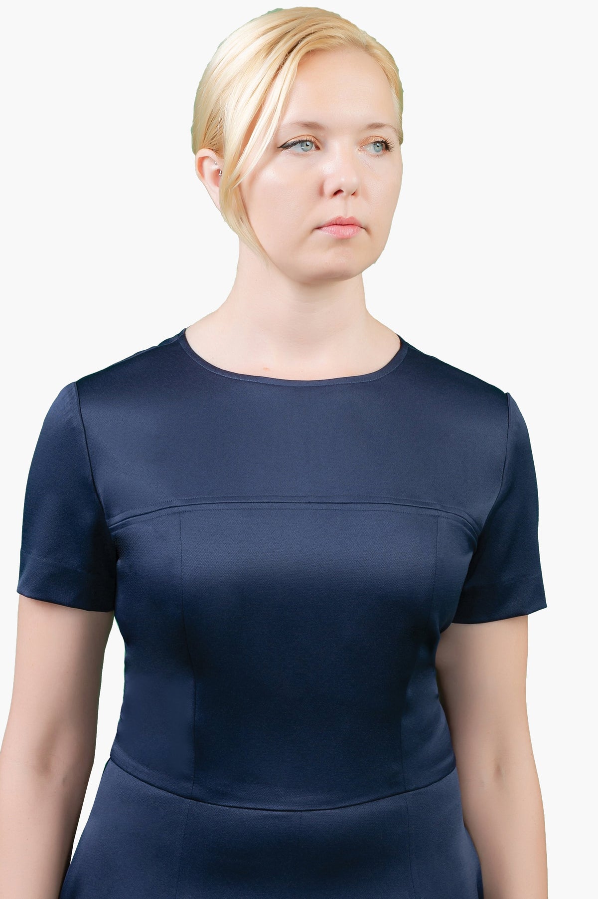 Elara Navy Pleated Fit-and-Flare Office Dress