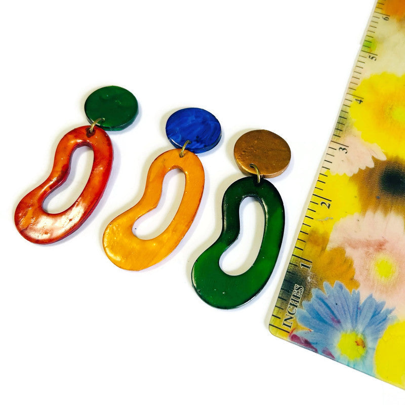 Blue & Mustard Yellow Statement Earrings Post or Clip On