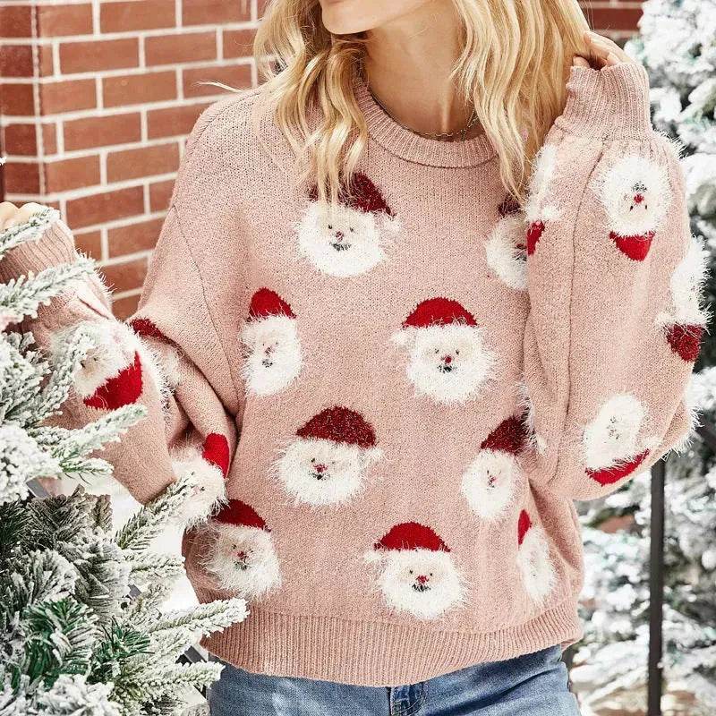Christmas Sweater Women Cute Santa Print Knit Sweater