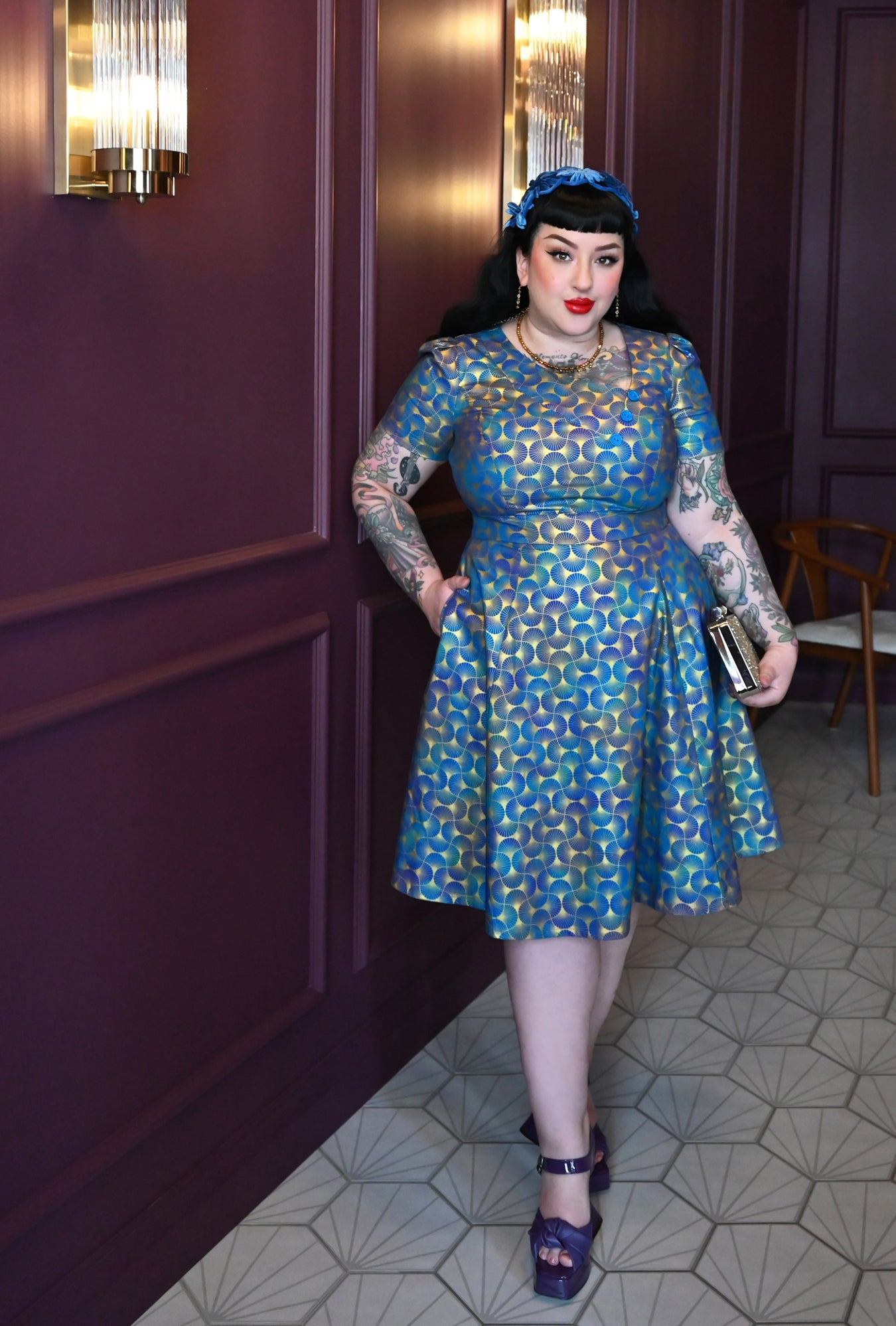 Kim  - Deco D'or Bleu - Metallic Fan Print Dress