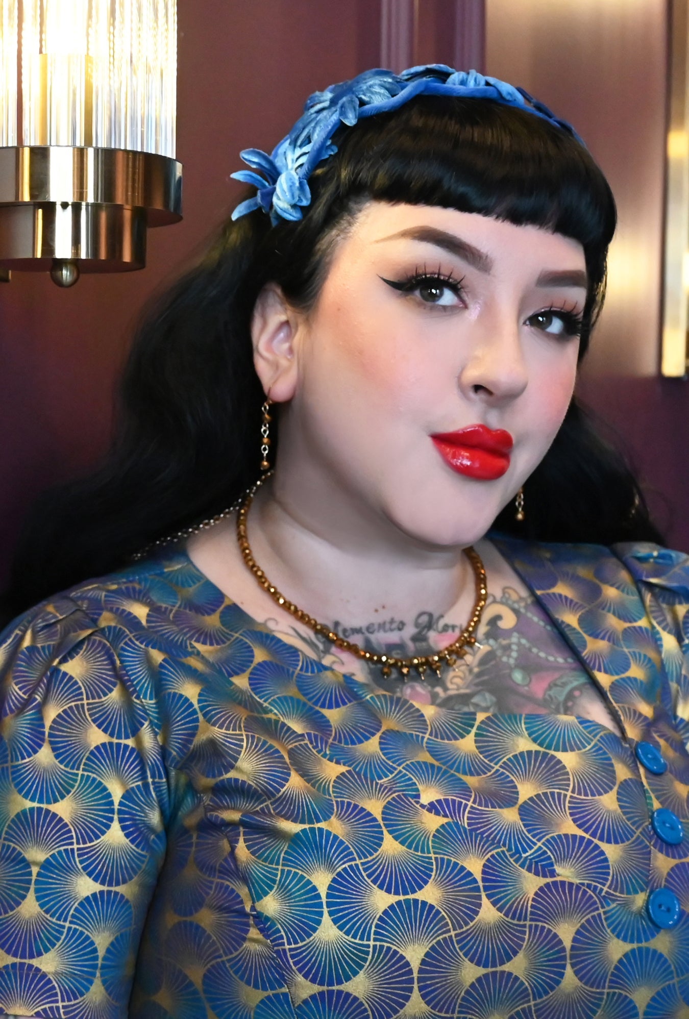 Kim  - Deco D'or Bleu - Metallic Fan Print Dress