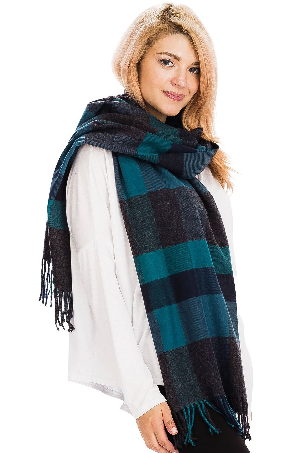 Windowpane Plaid Vegan Cashmere Long Wrap Scarf: TEAL/NAVY BLUE