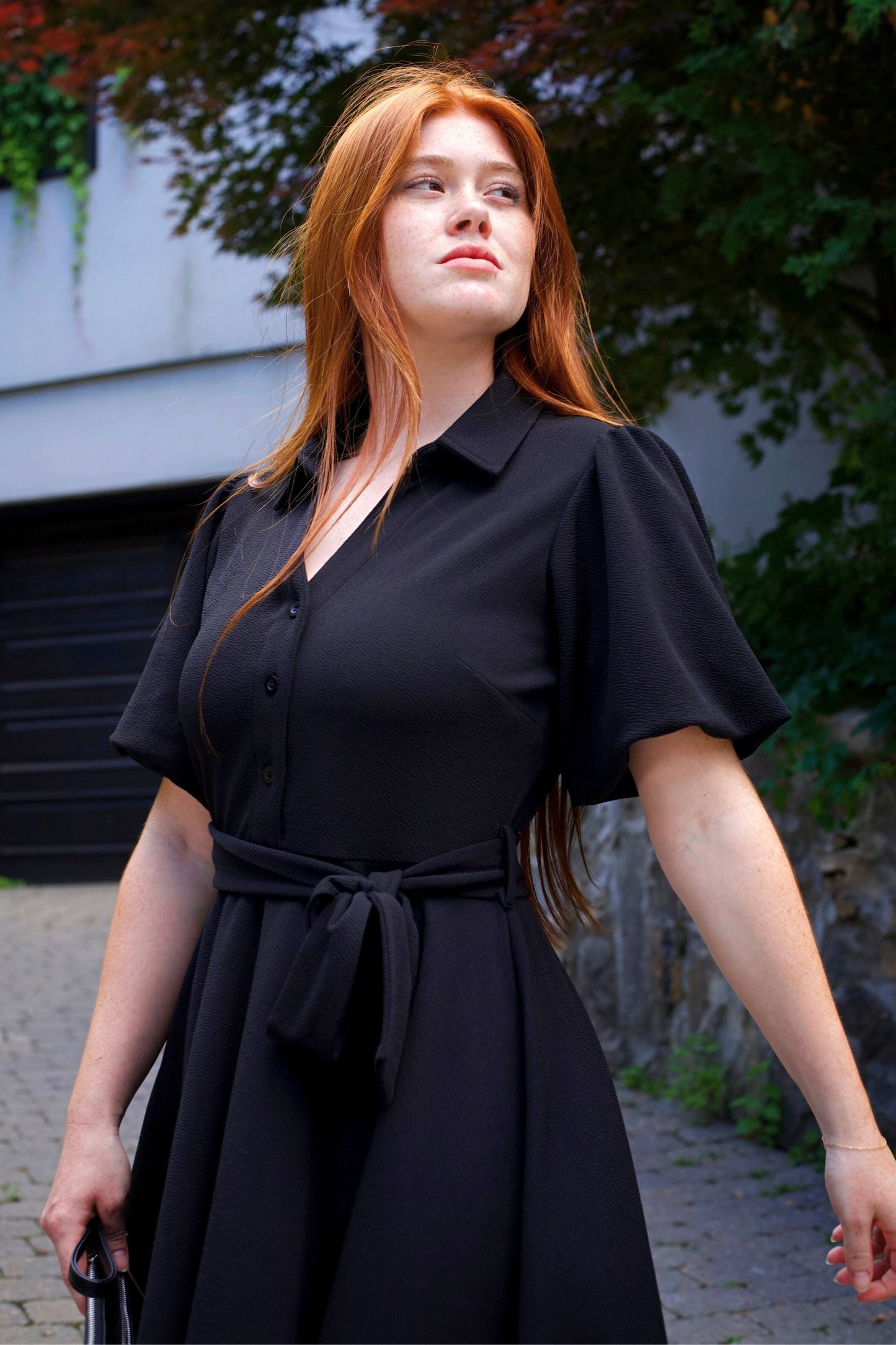Coralie Tie-Waist Fit-and-Flare Dress with Bell Sleeves