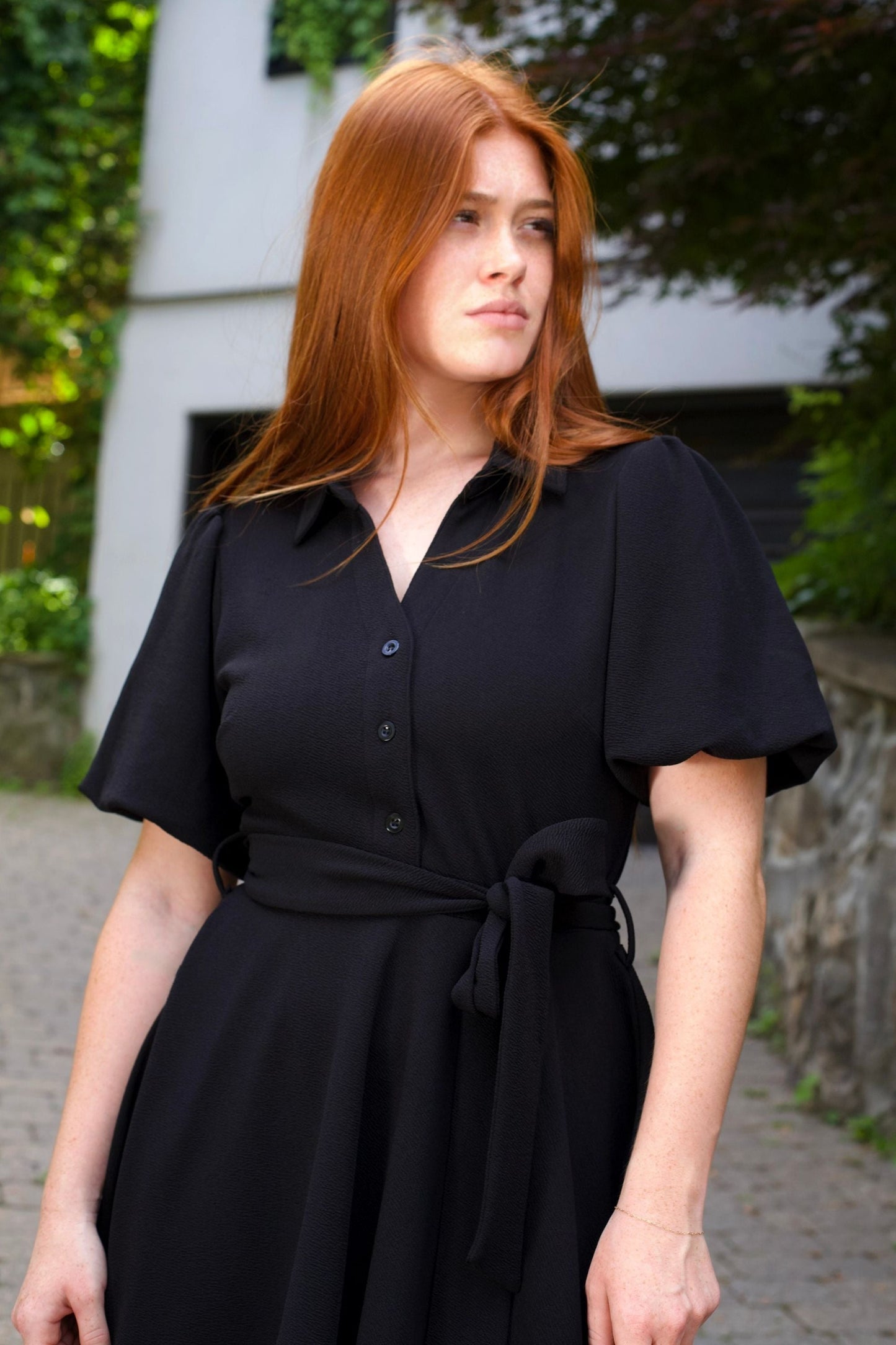 Coralie Tie-Waist Fit-and-Flare Dress with Bell Sleeves