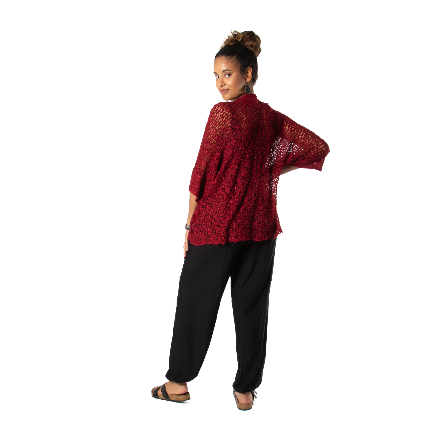 Popcorn Knit Short Sleeve Cardigan -  Claret Red