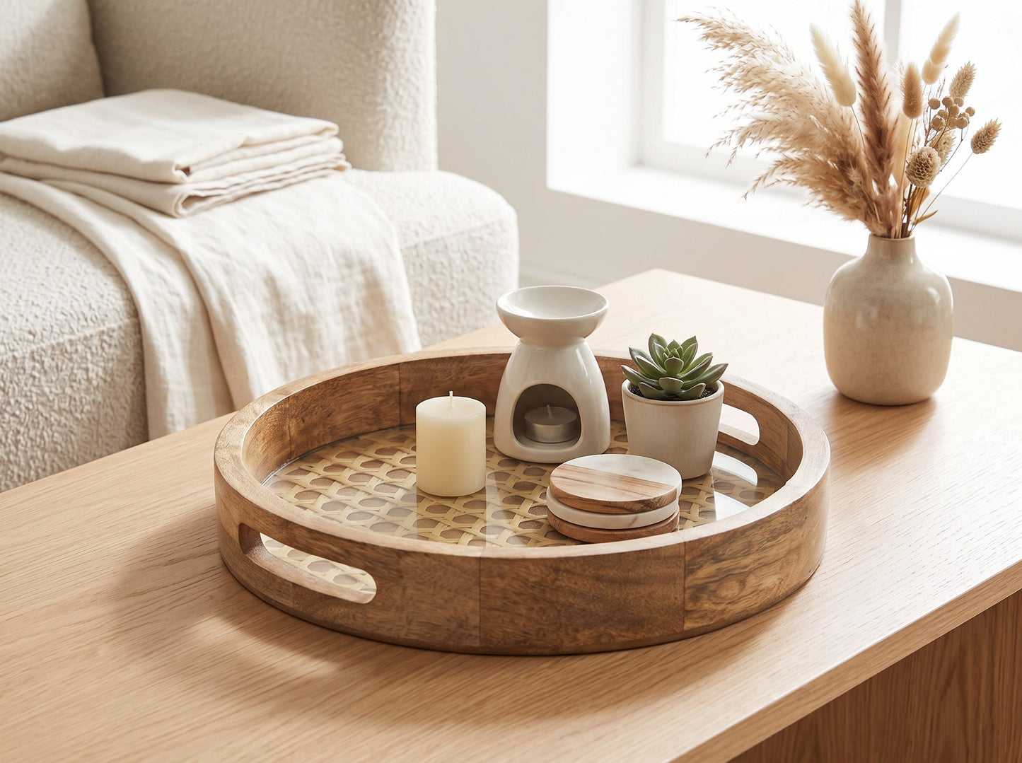 Round Tray with Rattan Mat