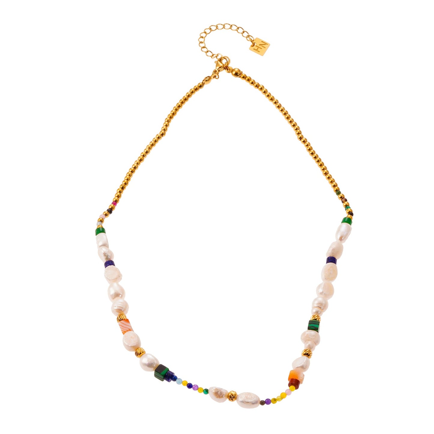 AMADIA: Paradise Found - Colourful Necklace with Gold Beads, Natural Stones, and Freshwater Pearls