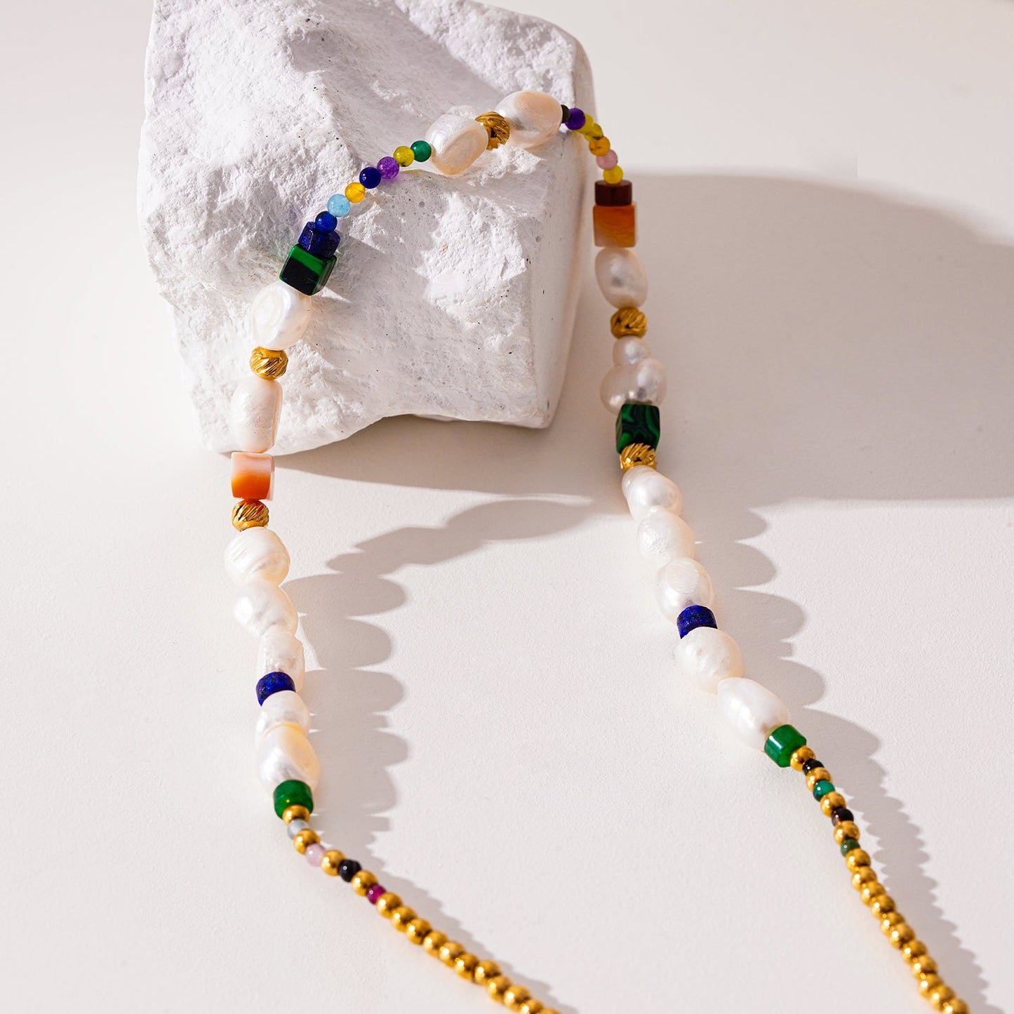 AMADIA: Paradise Found - Colourful Necklace with Gold Beads, Natural Stones, and Freshwater Pearls