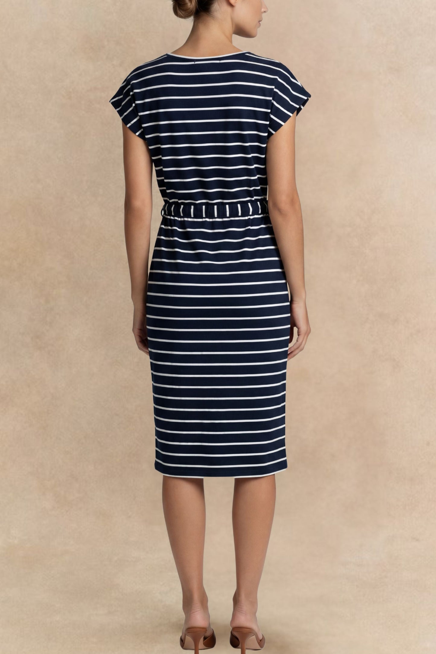 Annalise Navy Stripe Knit Midi Dress Pockets Belted