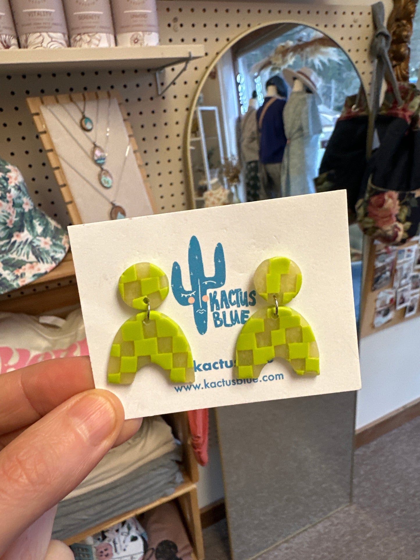 Kactus Blue Checkered Lime Green Clay Earrings