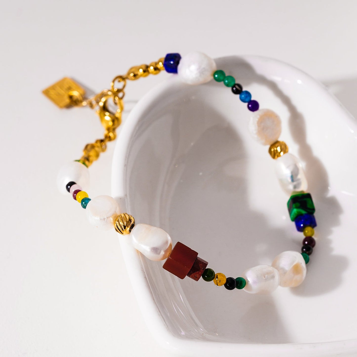Colourful Bracelet with Gold Beads, Natural Stones, and Freshwater Pearls