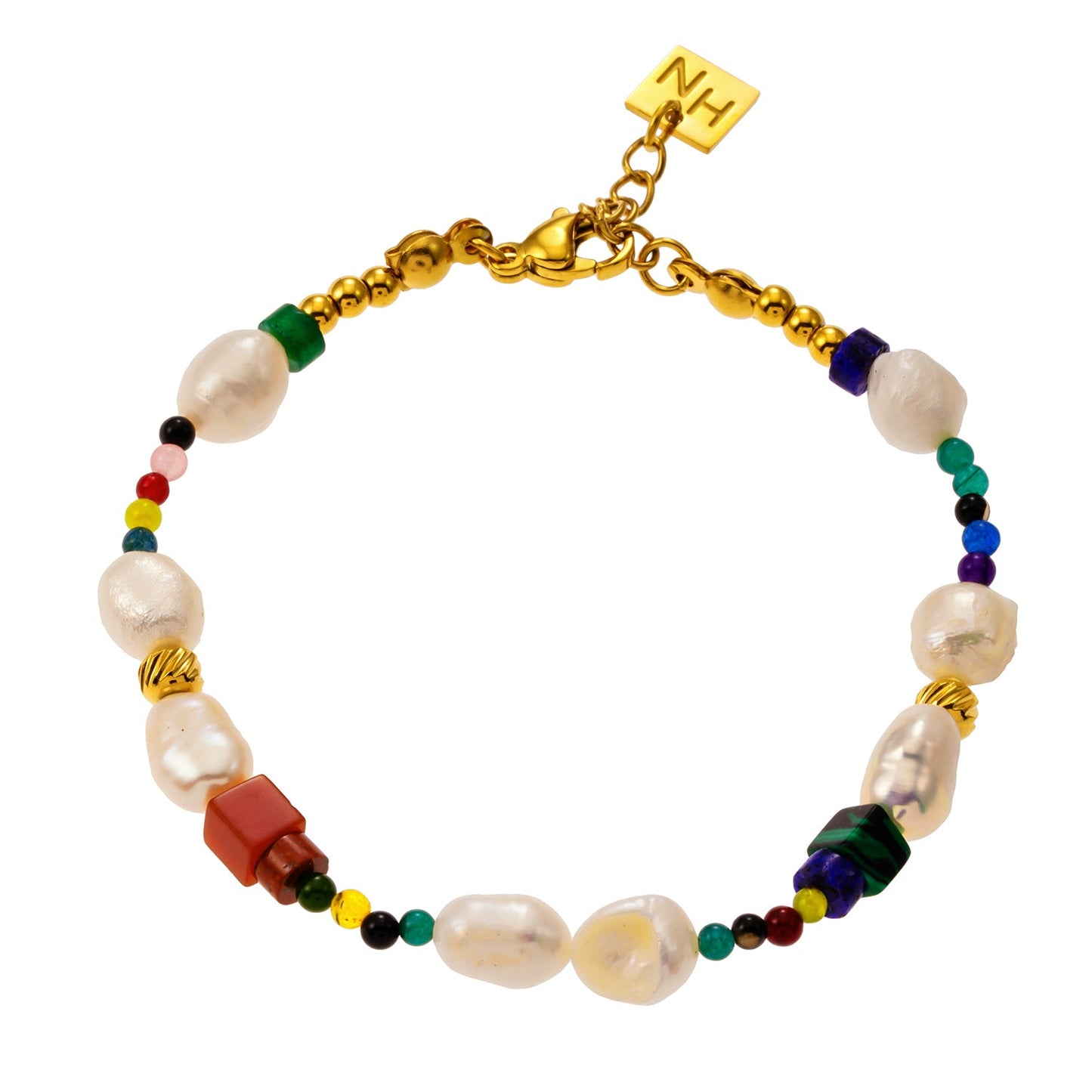 Colourful Bracelet with Gold Beads, Natural Stones, and Freshwater Pearls