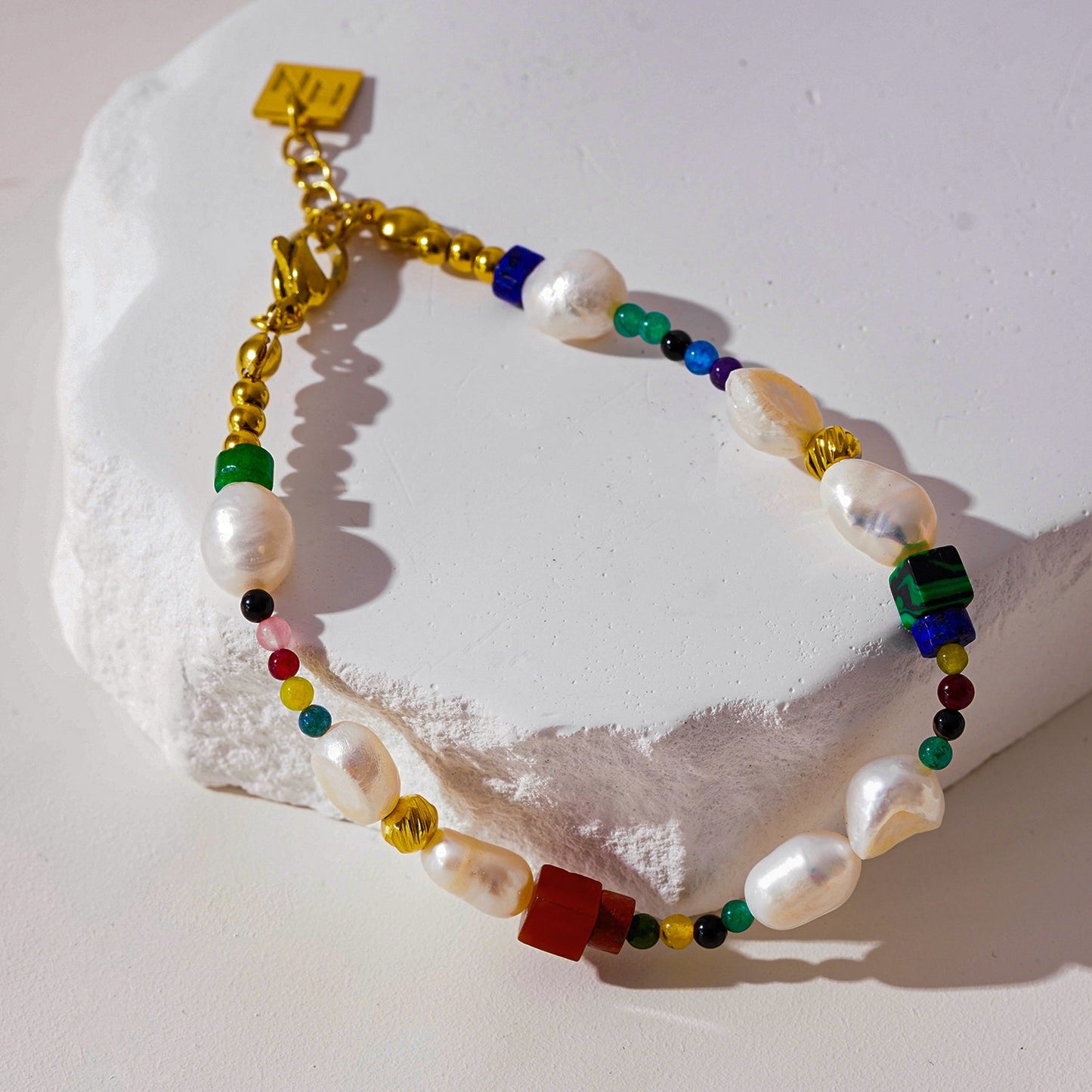 Colourful Bracelet with Gold Beads, Natural Stones, and Freshwater Pearls