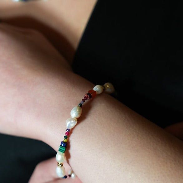 Colourful Bracelet with Gold Beads, Natural Stones, and Freshwater Pearls