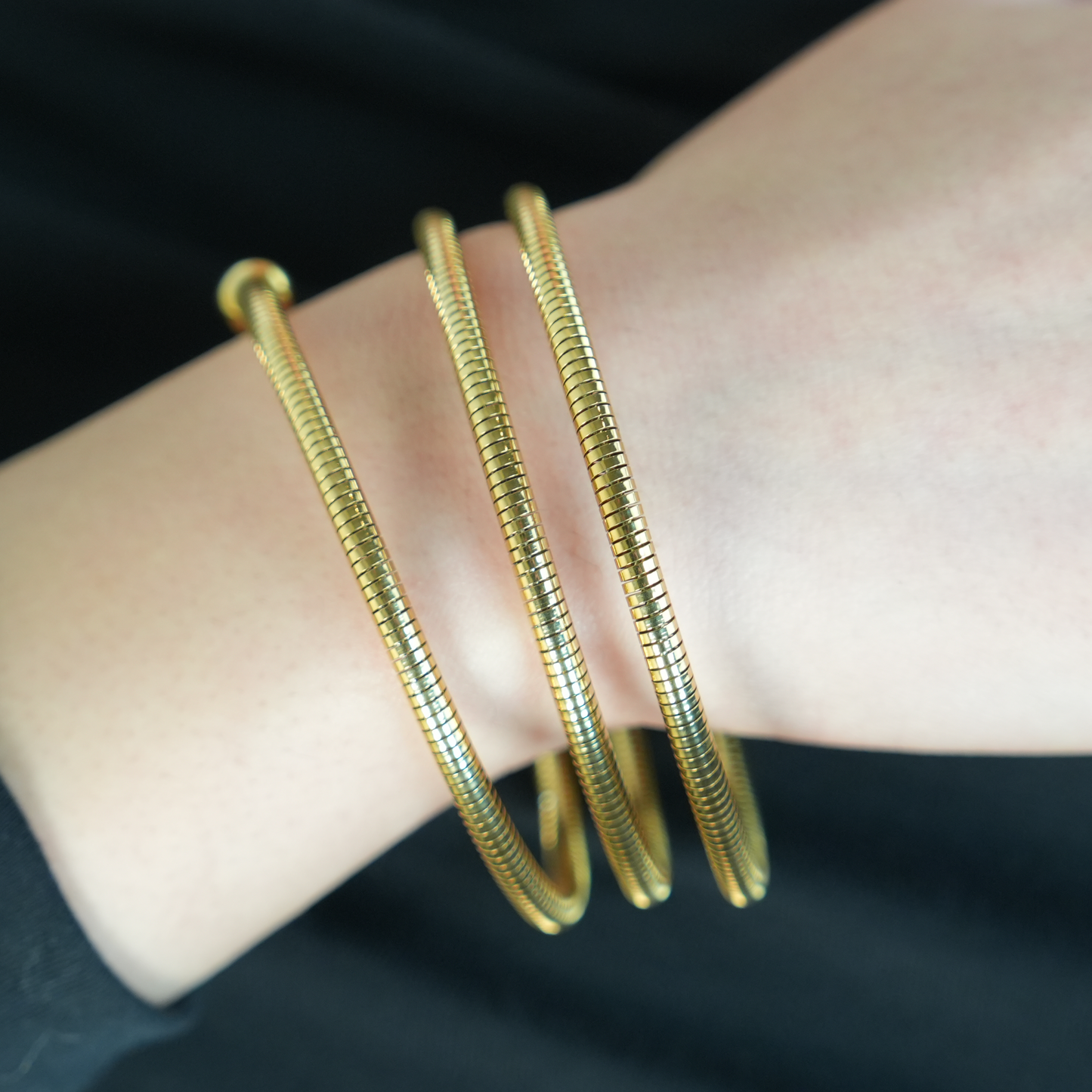 BASHEE: Triple Stacked Gold Bracelet with Surface Lines & Ball Bead Accents.