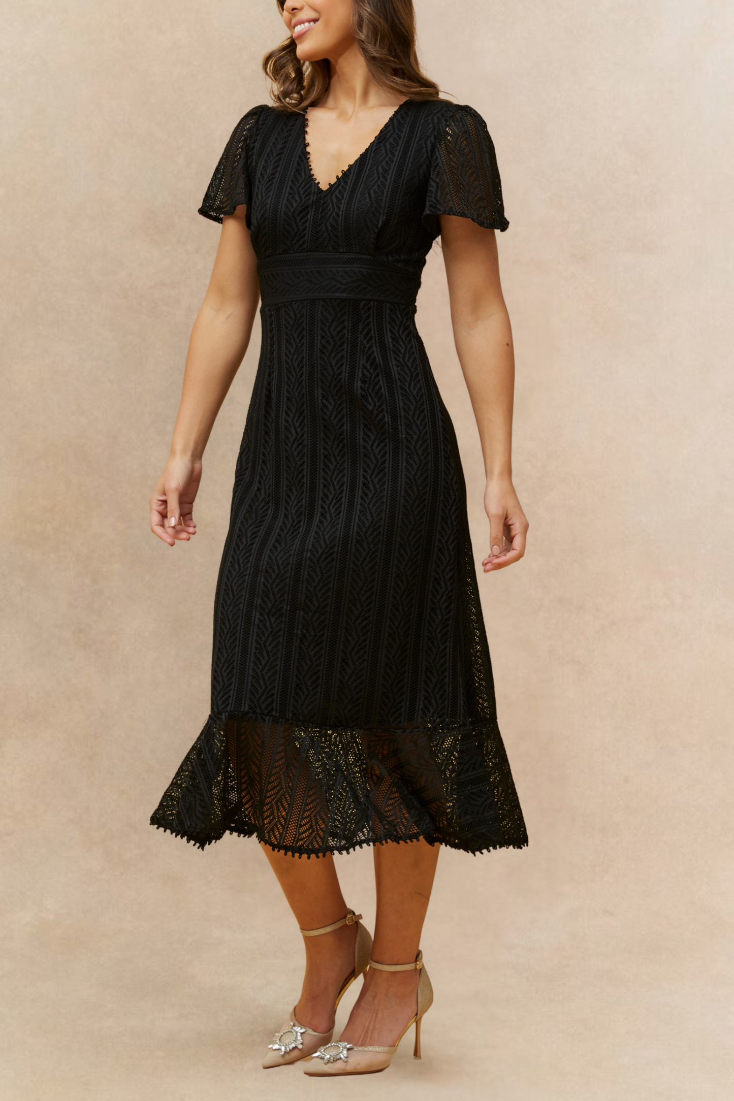 Bonnie Crochet Knit Midi Dress Lining Short Sleeves