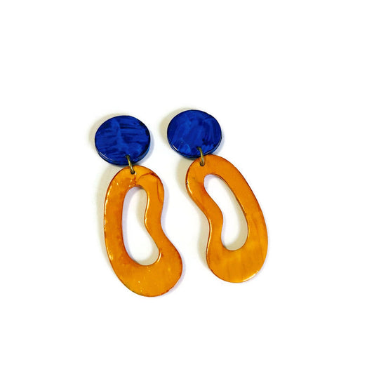 Blue & Mustard Yellow Statement Earrings Post or Clip On