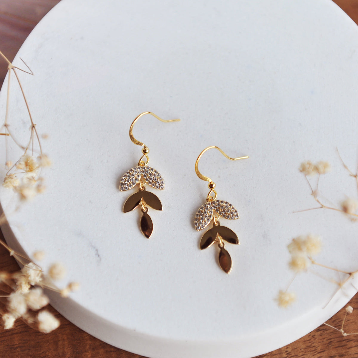 BIANCA Pretty Dangle Leaf Earrings with cubic zirconias