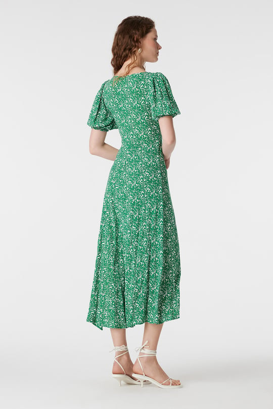 Green Puff Sleeve Floral Midi Dress