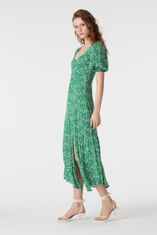 Green Puff Sleeve Floral Midi Dress