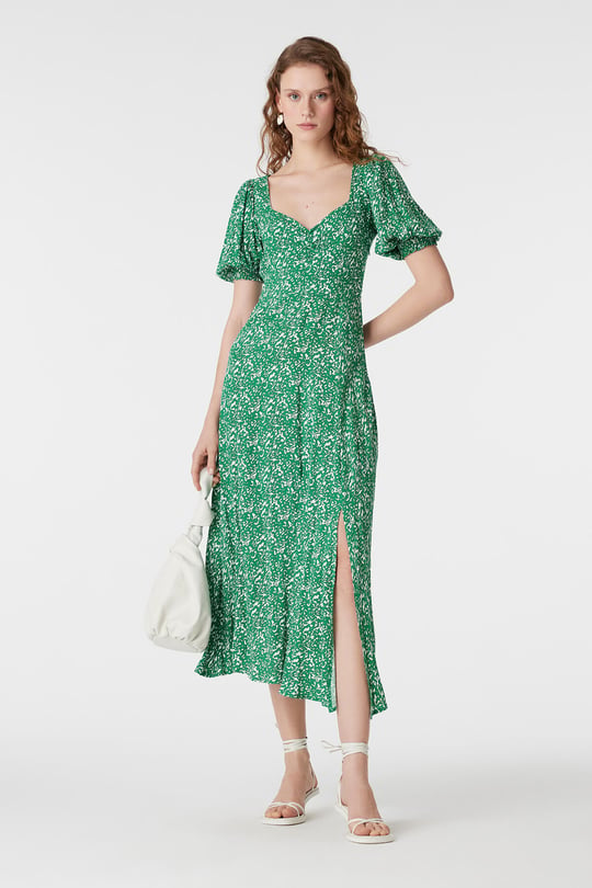 Green Puff Sleeve Floral Midi Dress
