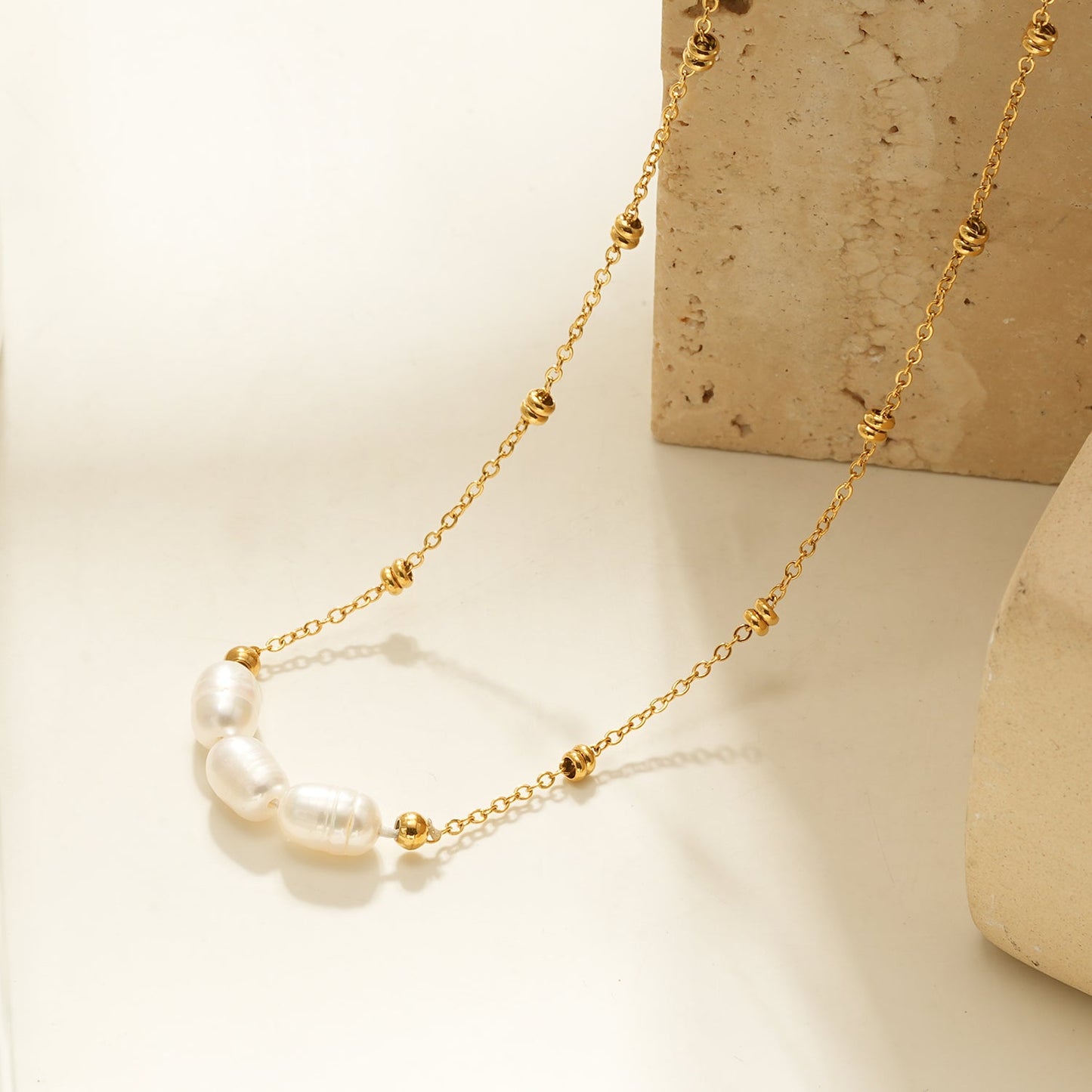 Dainty Beaded Chain Necklace with Freshwater Pearl Trio