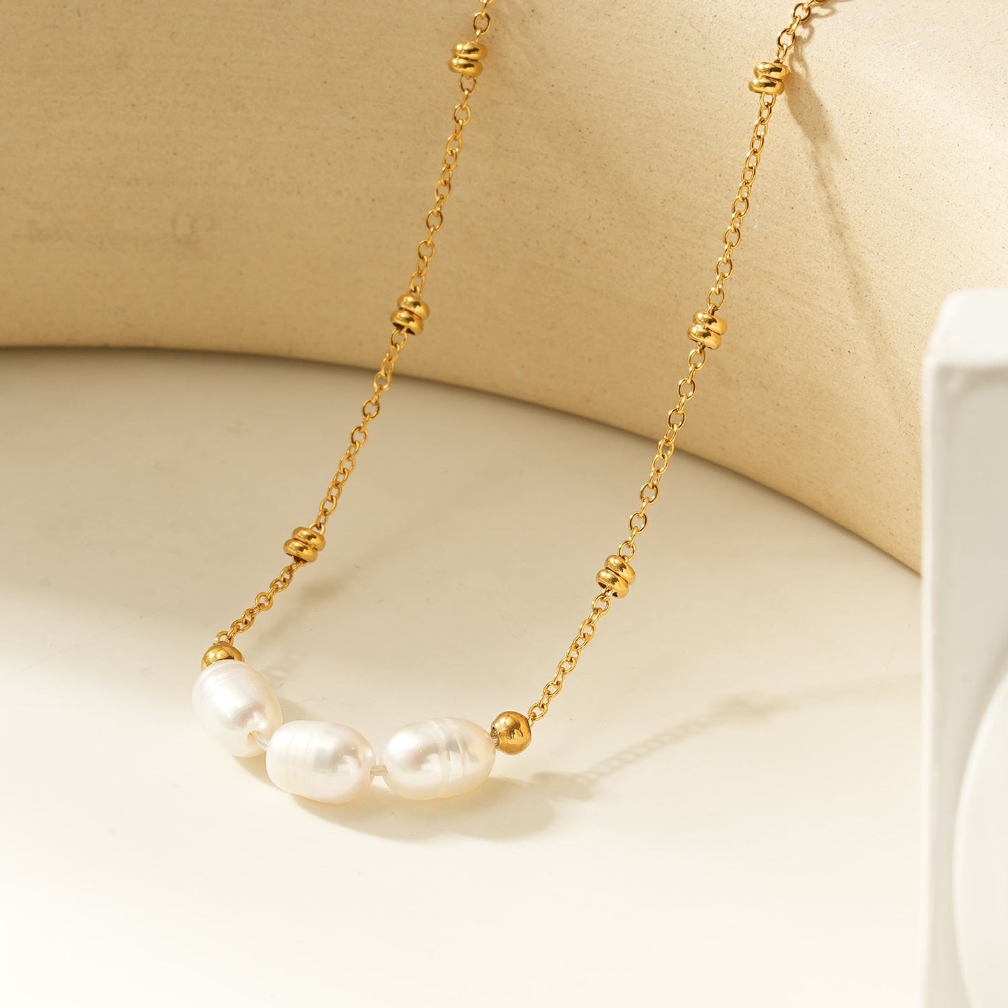 Dainty Beaded Chain Necklace with Freshwater Pearl Trio