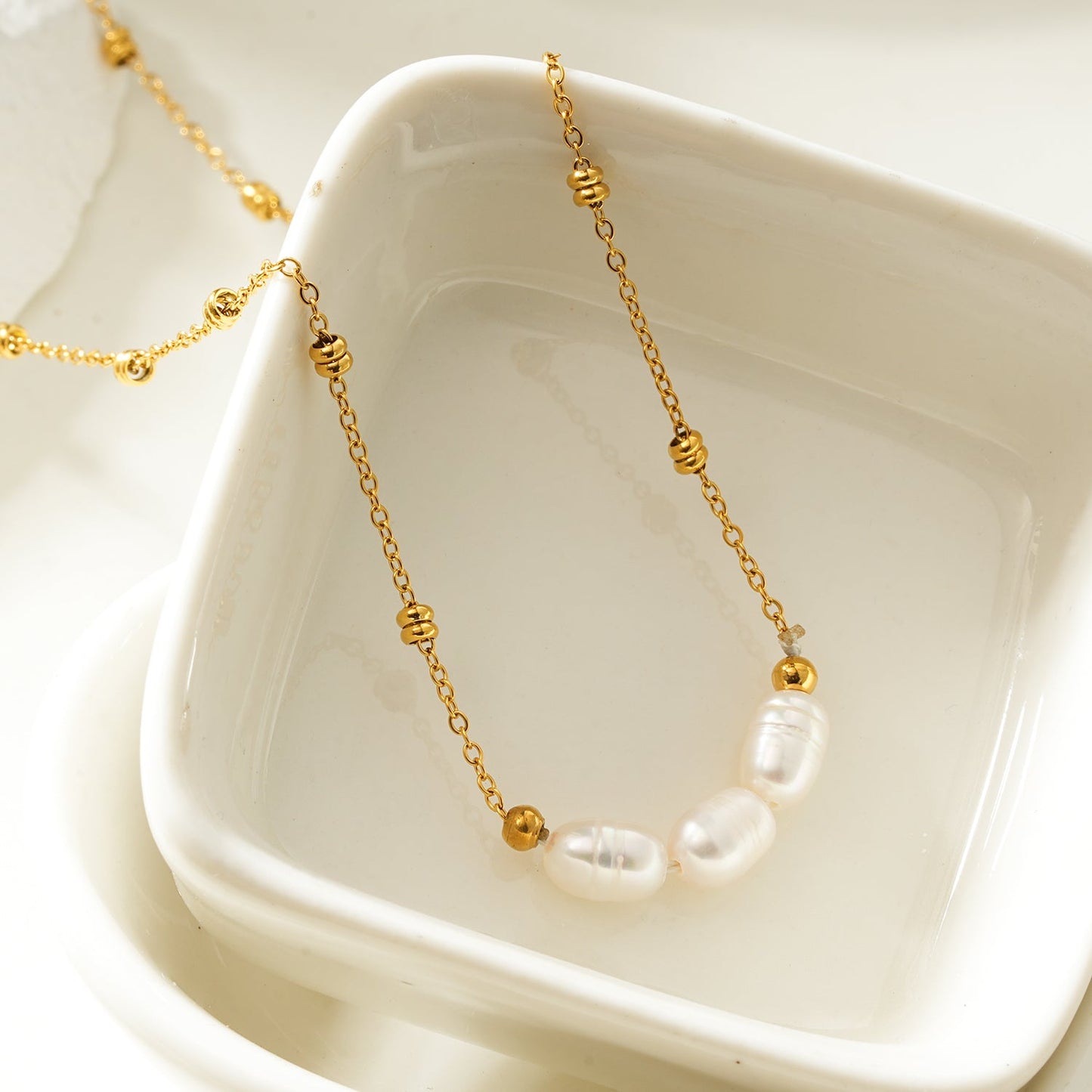 Dainty Beaded Chain Necklace with Freshwater Pearl Trio