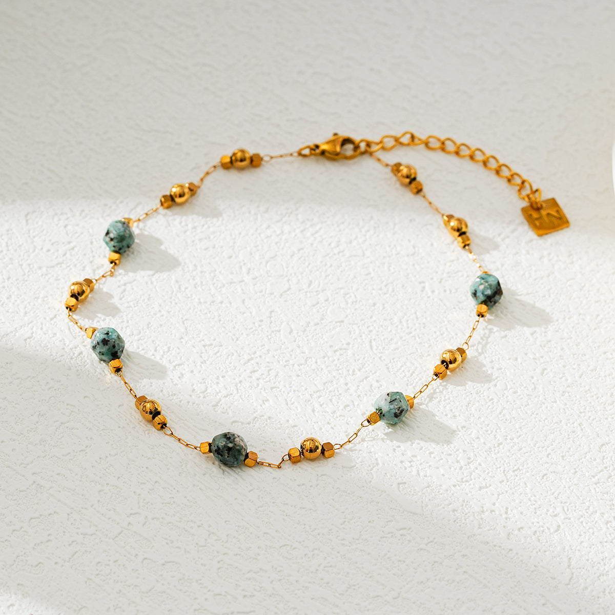 Link-Chain, Gold Beads & Turquoise Natural Stones Anklet