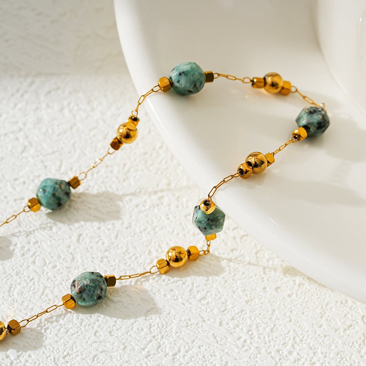 Link-Chain, Gold Beads & Turquoise Natural Stones Anklet