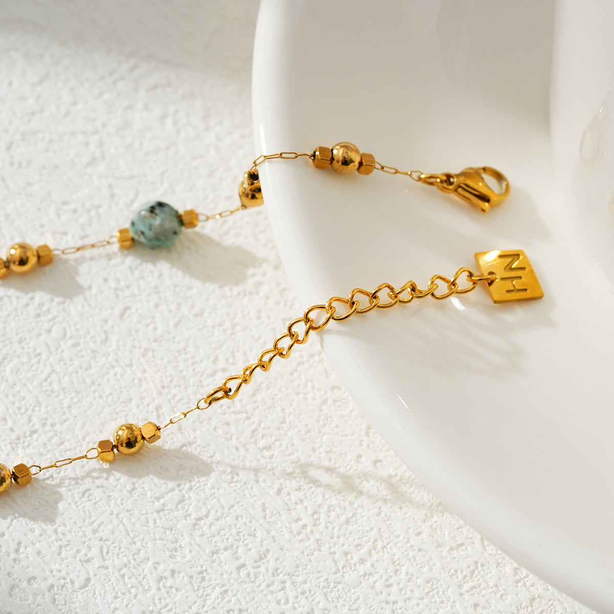 Link-Chain, Gold Beads & Turquoise Natural Stones Anklet