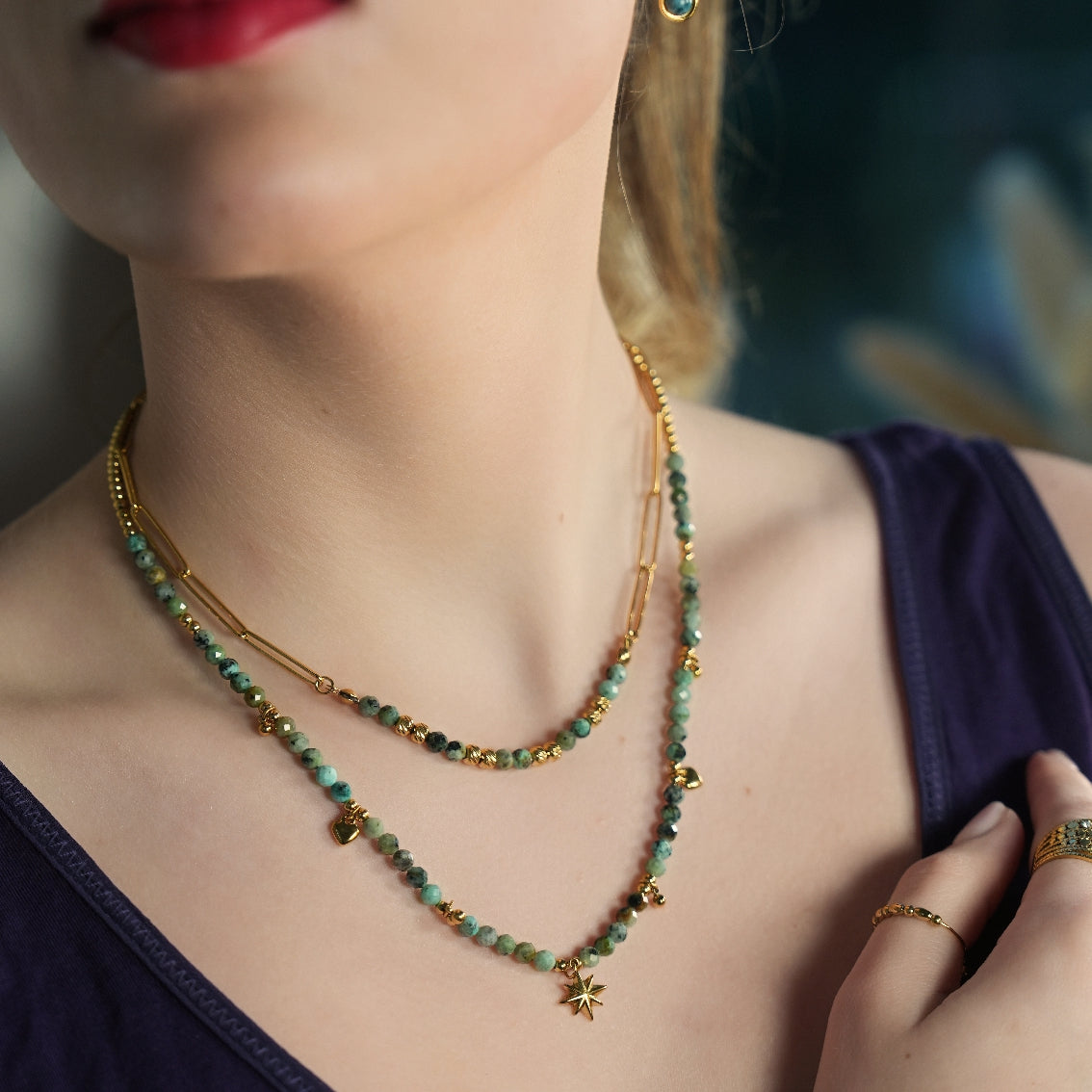 GITANJI: Blue Turquoise Stones with Gold Beads & Charms Chain Necklace