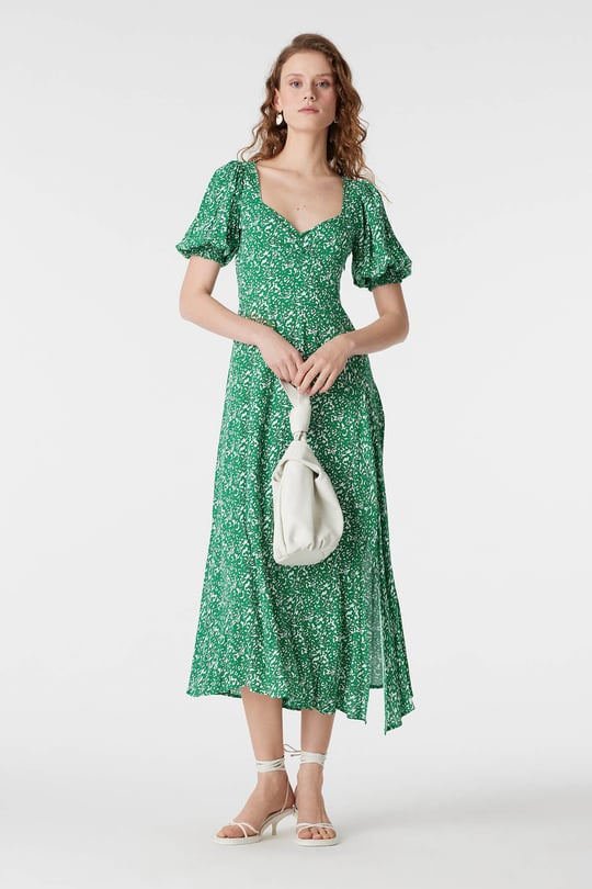Green Puff Sleeve Floral Midi Dress