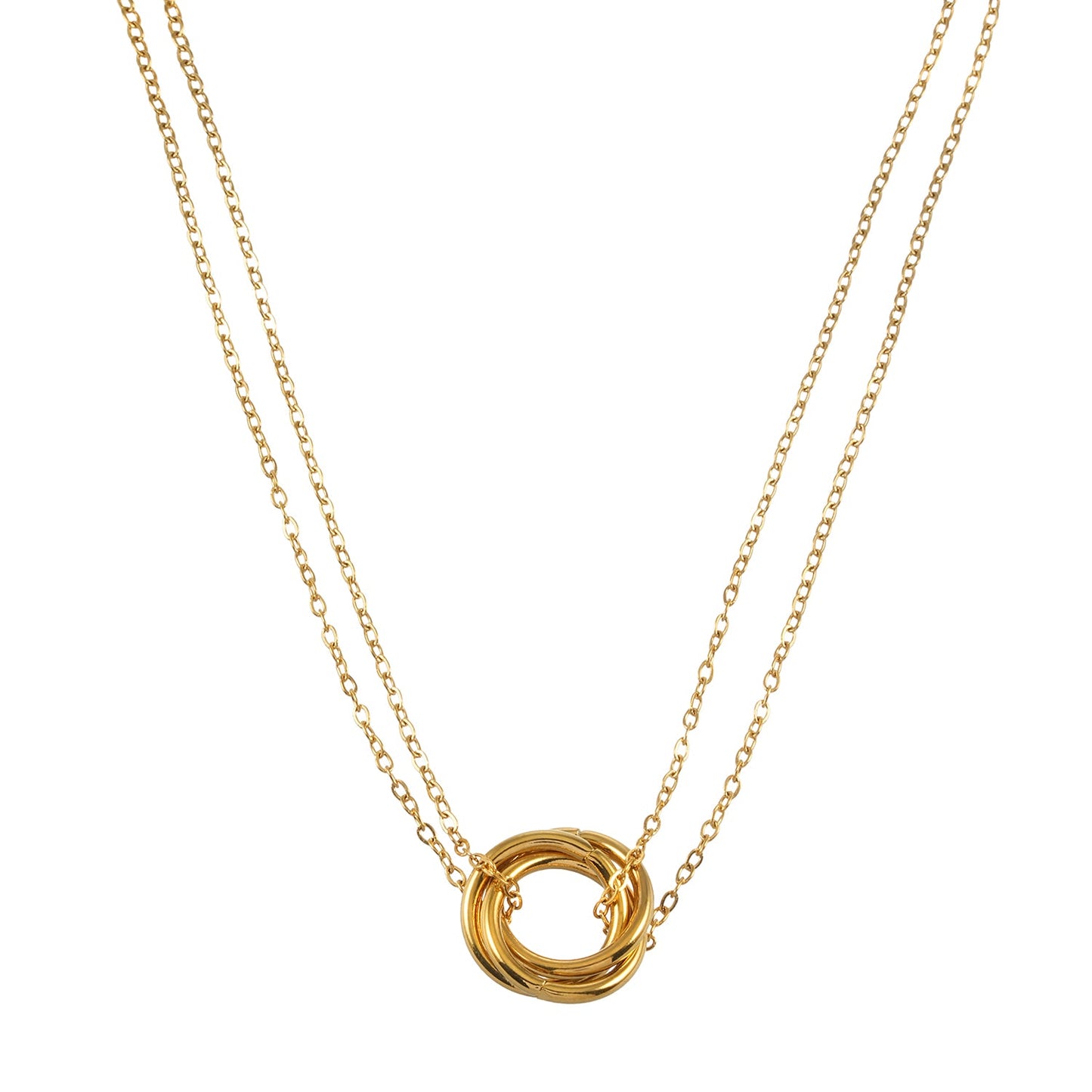 Double Chain Dainty Necklace with Intertwined 3-Ring Pendant – Symbol of Love, Unity & Eternity