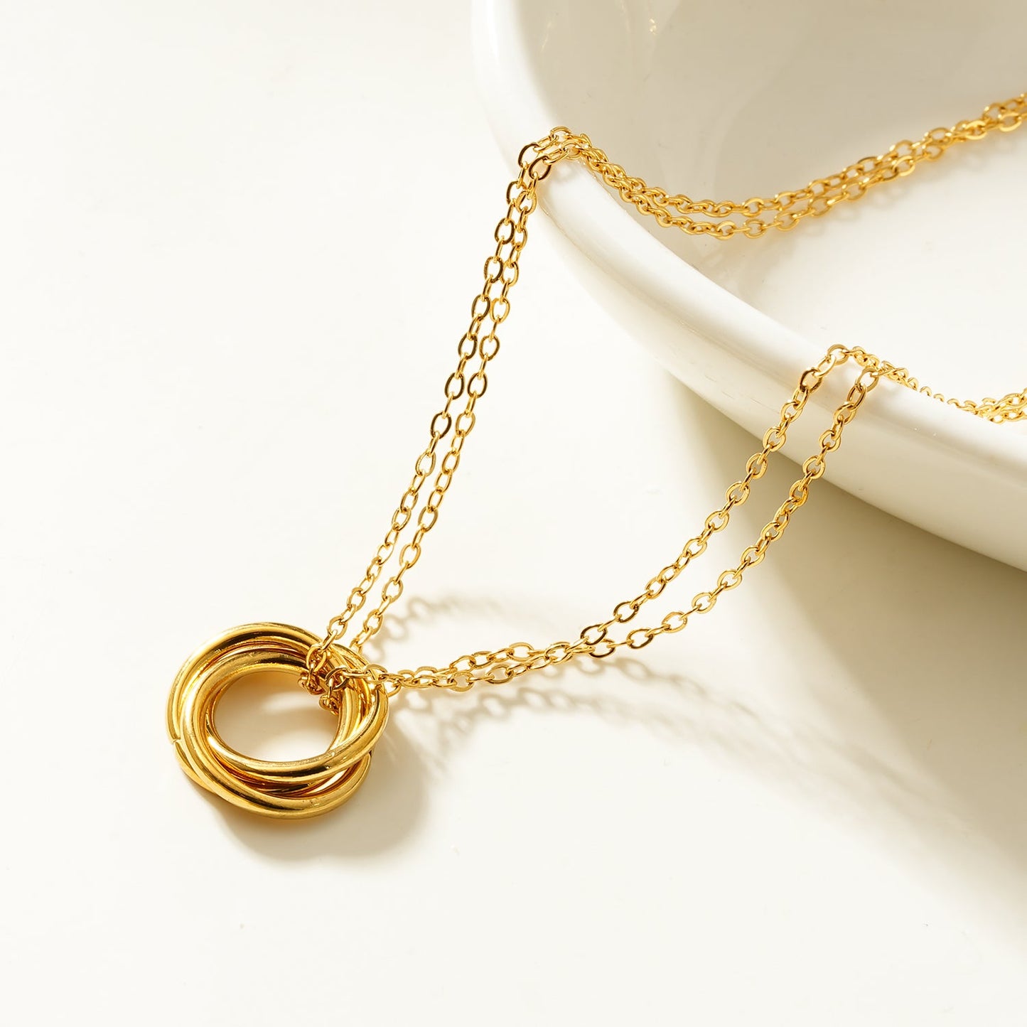 Double Chain Dainty Necklace with Intertwined 3-Ring Pendant – Symbol of Love, Unity & Eternity