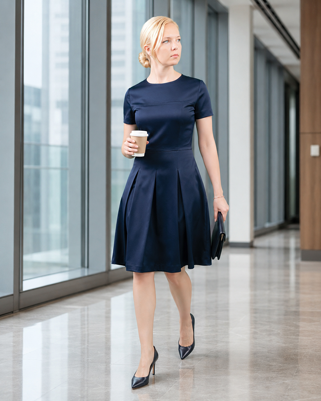 Elara Navy Pleated Fit-and-Flare Office Dress