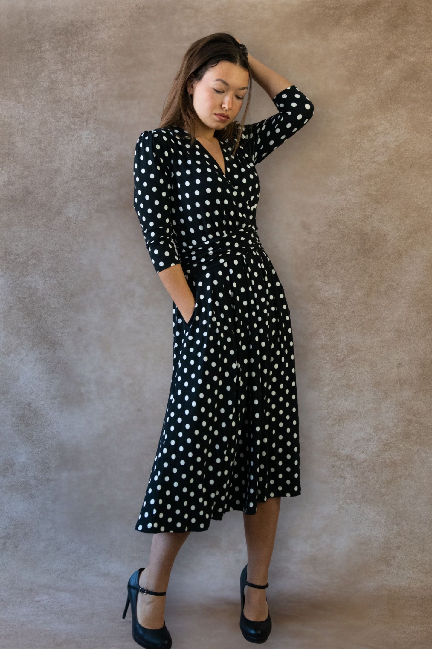 Evelyn Polka Dot Wrap Midi Dress
