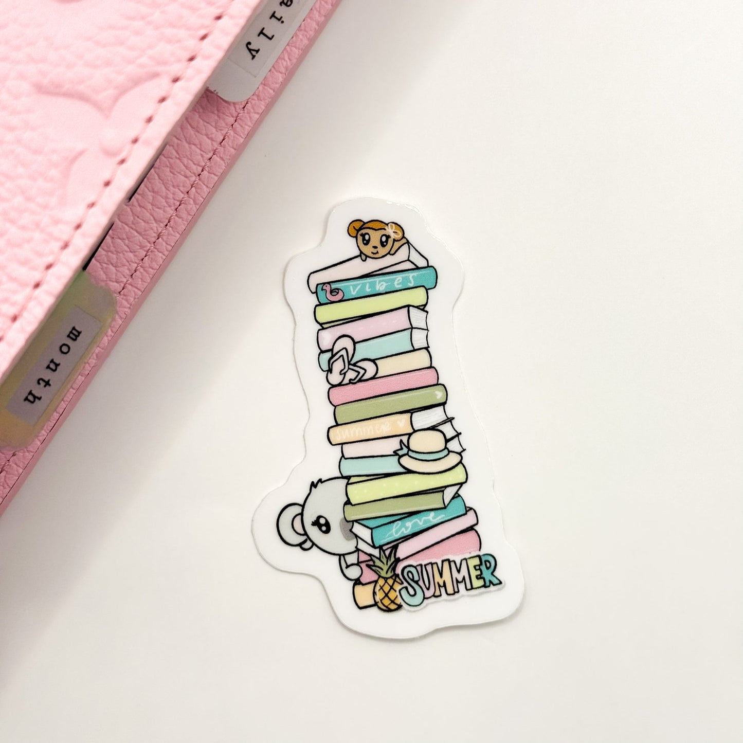 Summer Vibes Peeking Friends Book Stack Vinyl Die Cut Sticker | Glossy