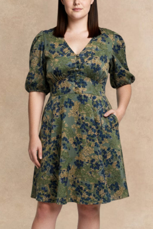 Fleur Green Floral Fit and Flare Dress