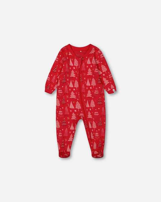 Organic Cotton One Piece Pajama Red Printed Christmas Tree
