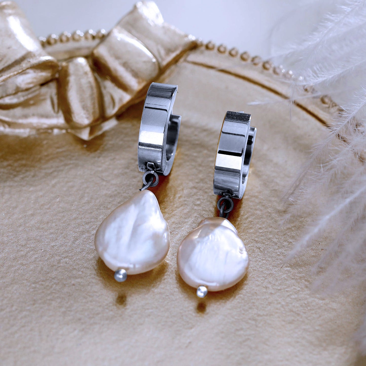 GAIA White Gold (Silver Toned):  Baroque Freshwater Pearls on Wide Mini Hoops