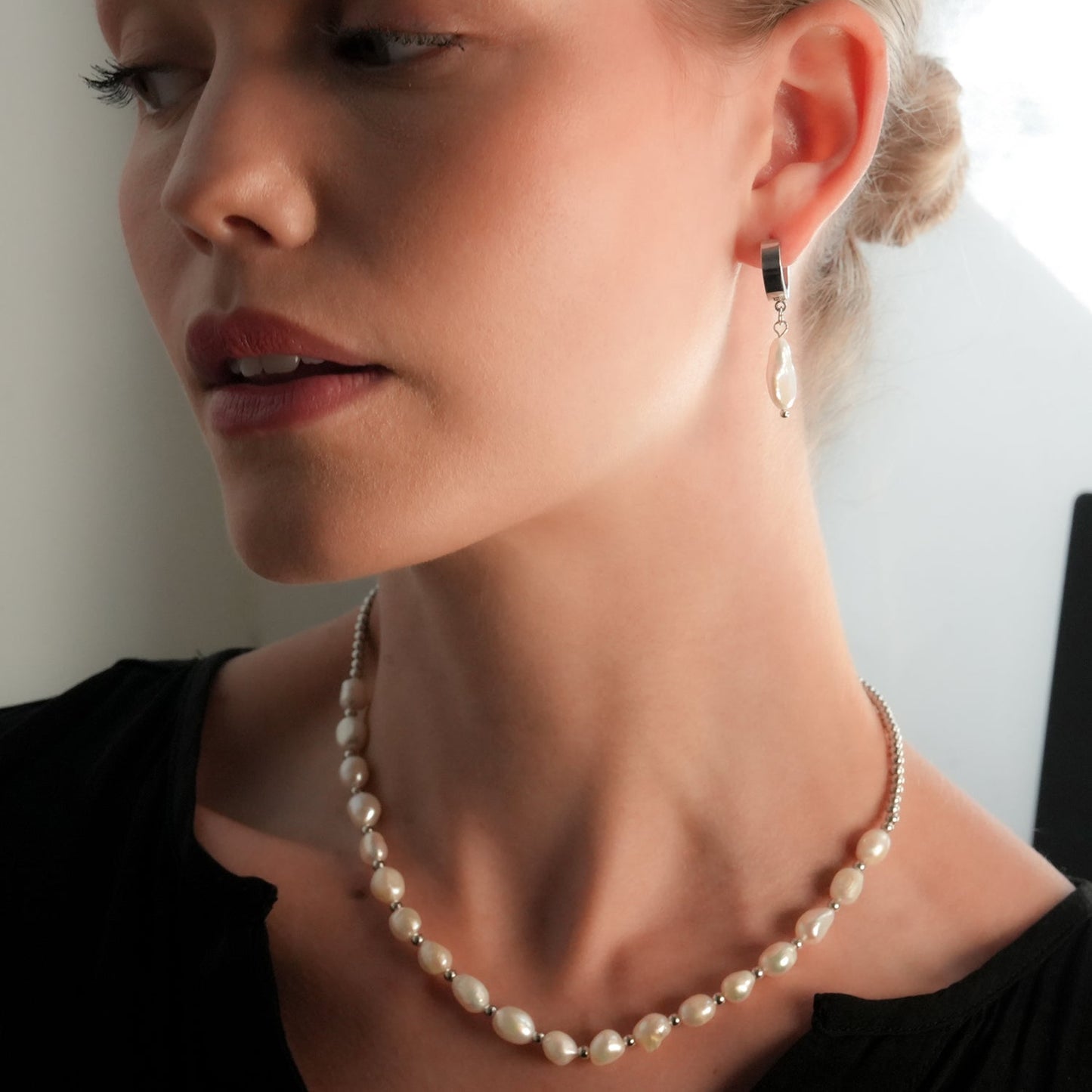 GAIA White Gold (Silver Toned):  Baroque Freshwater Pearls on Wide Mini Hoops