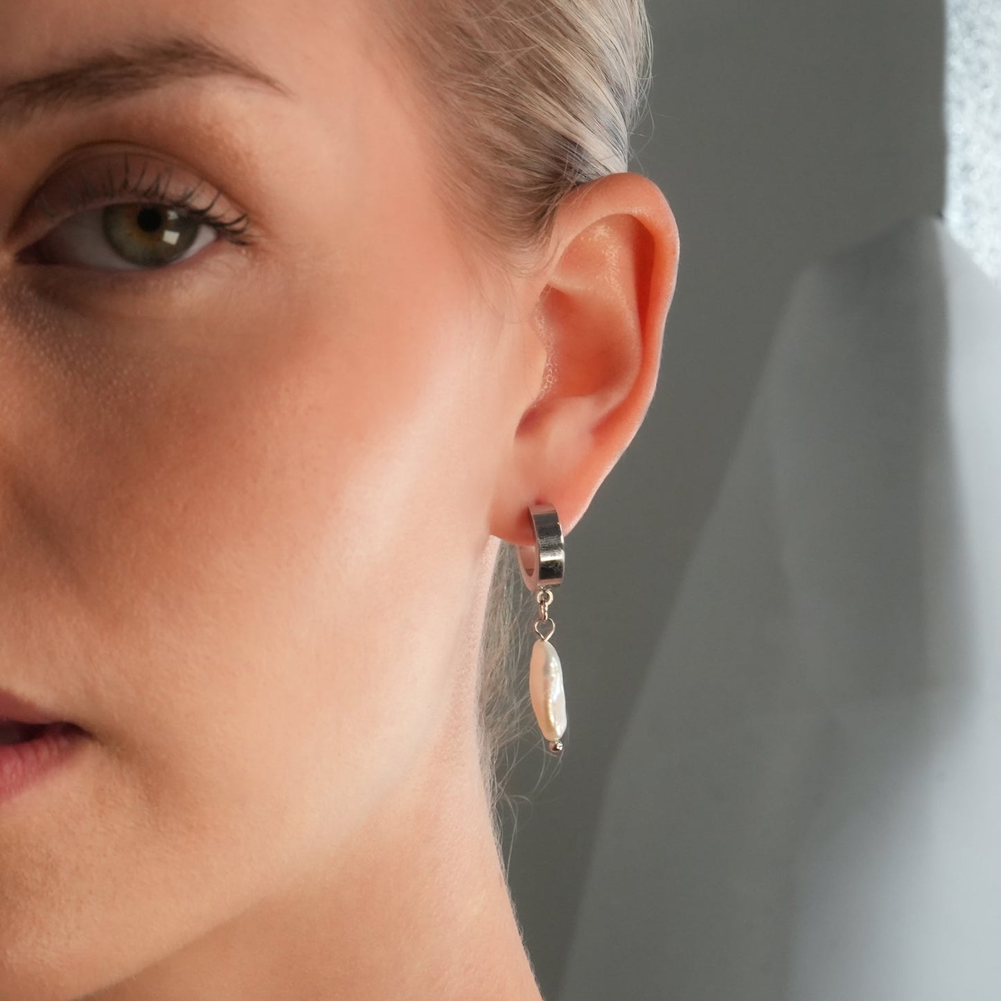 GAIA White Gold (Silver Toned):  Baroque Freshwater Pearls on Wide Mini Hoops