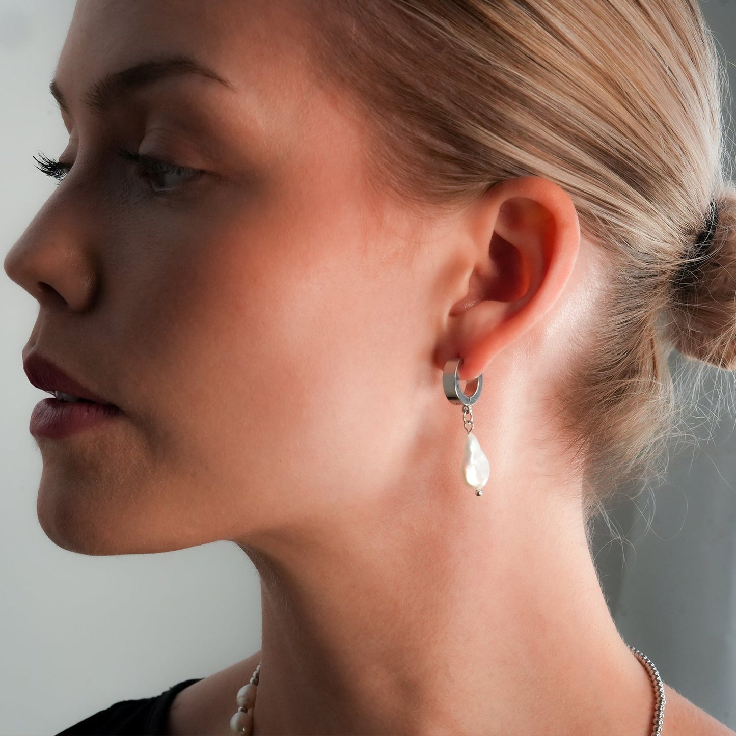 GAIA White Gold (Silver Toned):  Baroque Freshwater Pearls on Wide Mini Hoops